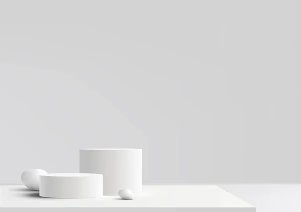 Realistische Witte Podium Staan Decoratie Met Rock Witte Achtergrond Minimale — Stockvector