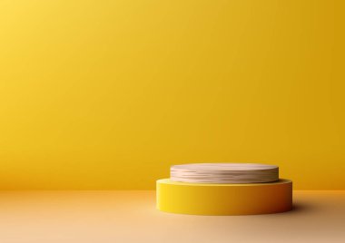 Modern ve zarif sarı stüdyo odası arka planında minimalist ahşap bir podyum, ürünlerinizi sergilemek için mükemmel. Bu gerçekçi üç boyutlu model, pazarlama, reklam ve markalaşma amaçları için ideal canlı bir renk sunuyor. Vektör illüstrasyonu