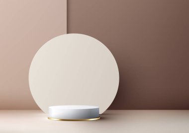 Üç boyutlu gerçekçi podyum stand modelimizle bej bir arka plana karşı parlak altın ve beyaz bir tasarım sergiliyoruz. ürün tanıtımını sanatsal olarak tasarlanmış bu vitrin ile göster ve yükselt