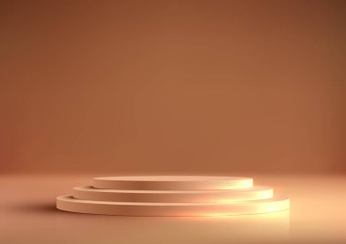 Bu altın podyumda modern lüksün özünü deneyimleyin. Gerçekçi bir 3 boyutlu tasarım ve vektör illüstrasyonuyla, bu model ürünlerinizi çağdaş bir stüdyo ortamında hayata geçiriyor. Vektör illüstrasyonu
