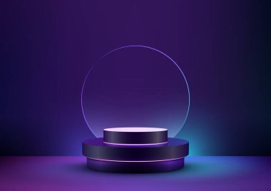 Geleceği, koyu mavi arka planda parlak neon renklerin yer aldığı bu 3D podyum adımlarıyla hayal edin. Bu modern illüstrasyonda hayata geçirilen siber teknoloji kavramını keşfedin. Ürün gösterimleri ve modelleri için mükemmel..