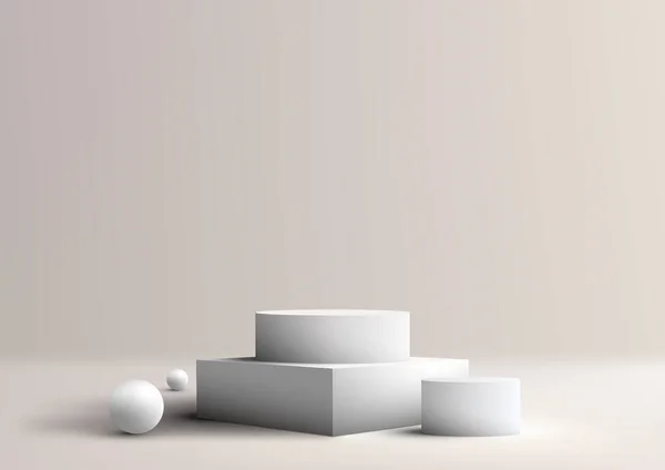 3D逼真的团体在一个干净的讲台上展示白色的球 优雅地放置在一个白色工作室的背景 以其简约的方法和对空间的创造性利用 矢量说明 — 图库矢量图片