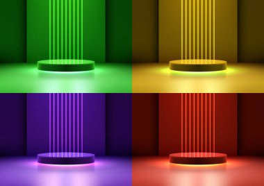 Canlı arkaplan üzerinde mavi neon lazer çizgileri olan 3D gerçekçi boş podyum standı modern teknoloji tarzı teknoloji sunumu için mükemmel. showroom, oyun ürün tanıtımı