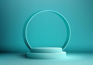3D mavi podyum basamakları daire arkaplanı ile ürün gösterimi veya pazarlama malzemeleri için mükemmel bir minimalist vektör illüstrasyonudur. Vektör illüstrasyonu