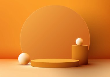 Sarı daire dekorasyonu ve beyaz topları olan bu üç boyutlu gerçekçi sarı silindir kürsü modern bir minimalist ürün gösterim modelidir. Vektör illüstrasyonu