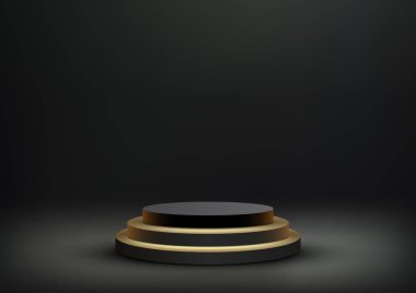3D gerçekçi boş altın ve siyah silindir podyum koyu arka planda modern lüks tarzda duruyor. Güzellik kozmetik sunumu, vitrin modeli, sergi salonu, ürün standı tanıtımı vesaire için kullanın. Vektör illüstrasyonu