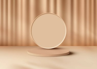 3 boyutlu görüntü, bej bir podyum ve bej bir perde arkaplanı gösteriyor. Bu bir minimalist ürün tasarımı. Vektör illüstrasyonu