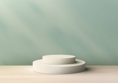 Yeşil duvar arkaplanındaki 3 boyutlu gerçekçi beyaz podyum ürünlerinizi minimalist ve modern bir şekilde sergilemek için mükemmel bir model.
