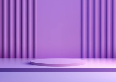 3D gerçekçi mor podyum standı modern ve minimalist bir tasarımdır. Ürünleri bir perakende mağazasında, galeride veya sergide sergilemek için mükemmeldir. Vektör illüstrasyonu