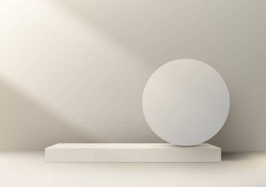 3 boyutlu gerçekçi bej podyum modeli ürünlerinizi minimalist tarzda sergilemek için mükemmel. Podyum basit bir bej arkaplan üzerine kuruludur, bu da ürününüzü odak noktası yapar. Vektör illüstrasyonu