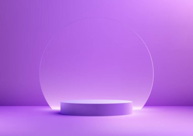 Mor bir podyumun şeffaf cam zeminli 3D 'si ürünleri sergilemek için mükemmeldir. Podyum modern ve şık ve arka plan ürünü öne çıkarıyor. Vektör illüstrasyonu