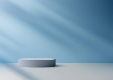 Yumuşak mavi duvar arka planındaki 3 boyutlu gerçekçi beyaz podyum ürünlerinizi minimalist ve modern bir şekilde sergilemek için mükemmel bir model. Vektör illüstrasyonu