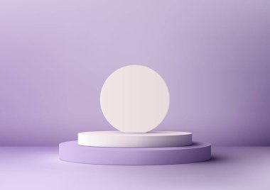 Mor zemin üzerinde beyaz daire arkaplanı olan beyaz ve mor bir podyumun 3D 'si ürünleri veya diğer eşyaları sergilemek için mükemmeldir. Minimalist tasarım onu çok yönlü ve her tarzda adapte edilebilir kılıyor. vektör illüstrasyonu