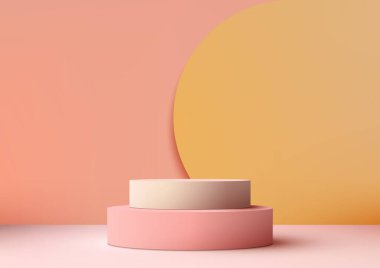 Sarı arka planı ve yumuşak pembe arka planı olan 3D pembe podyum ürün sergisi için modern ve minimalist bir modeldir. Vektör illüstrasyonu