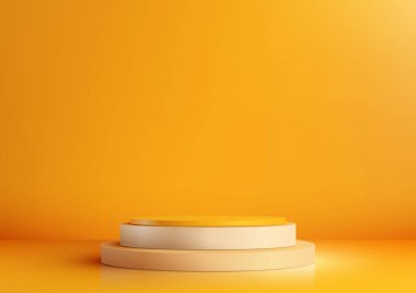 Sarı zemin üzerinde sarı ve beyaz bir podyumun 3 boyutlu görüntüsü ürün modellemeleri, sunumlar ve pazarlama malzemeleri için mükemmeldir. Vektör illüstrasyonu