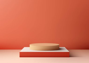 Kırmızı platformdaki 3 boyutlu gerçekçi bej silindir boş podyum, ürün gösterimi, reklamcılık veya markalaşma gibi çeşitli amaçlar için kullanılabilen modern bir minimalist modeldir. Vektör illüstrasyonu
