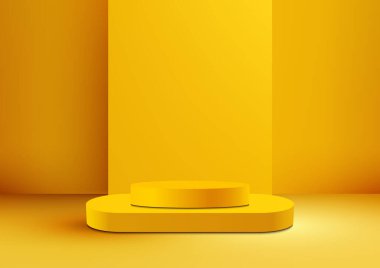 3 boyutlu sarı podyum modeli ürünlerinizi modern ve minimalist bir şekilde sergilemek için mükemmel. Podyum istiflenebilir, böylece ihtiyaçlarınıza uygun farklı düzenlemeler yapabilirsiniz. Vektör illüstrasyonu