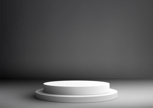 3D белый подиум в студии - идеальный макет для показа продукции. Пустой подиум находится на сером фоне стены. Векторная иллюстрация