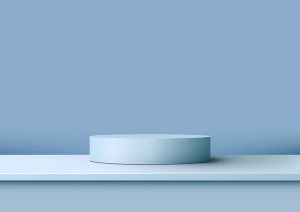 テーブルと青の壁のシーン背景にある3Dブルーの表彰台は 製品を表示するのに最適なモックアップです それはミニマリストであり 現代的である ベクトルイラスト ロイヤリティフリーストックベクター
