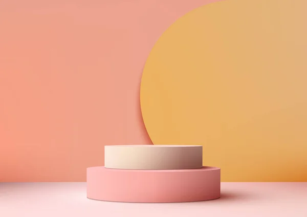 黄色の背景と柔らかいピンクの背景を持つ3Dピンクの表彰台は 製品ディスプレイのためのモダンでミニマリストのモックアップです ベクトルイラスト ストックイラスト
