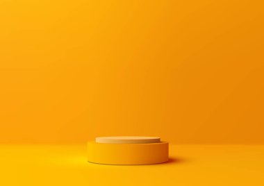 3D gerçekçi maket, sarı arka planda boş sarı podyum platformunu gösteriyor. Güzellik kozmetik sunumu, vitrin, sergi salonu, ürün standı promosyonu vesaire için kullanabilirsiniz. Vektör illüstrasyonu