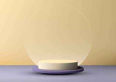 Mor minimal tarz arka planda 3D gerçekçi sarı renkli kürsümüzle modern ürün sergisi. Bu vektör illüstratörü, ticari pazarlama ve reklam amaçları için mükemmel çağdaş bir tasarım sergiliyor.