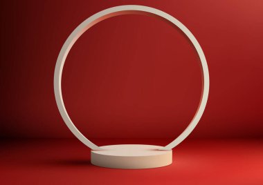Gerçekçi 3D podyum, parlak bir stüdyo odasının arka planında kırmızı bir zeminde daire çizgisi olan dekoratif bir podyum. Sergiler, etkinlikler ve ürünlerinizi sergilemek için mükemmel. Bu vektör çizer modeliyle ürün sunumu