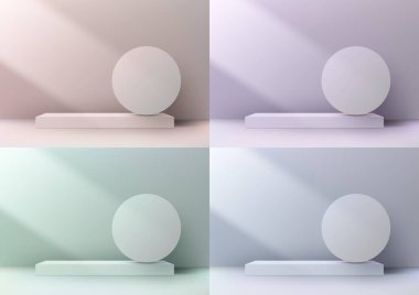 3 boyutlu gerçekçi yumuşak renk podyum modeli ürünlerinizi minimalist bir tarzda sergilemek için mükemmeldir. Podyum basit bir pastel arka plan üzerine kuruludur, bu da ürününüzü odak noktası yapar. Vektör illüstrasyonu