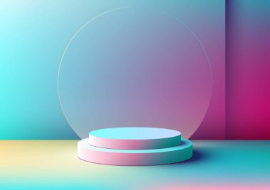 3D gerçekçi, boş, mavi ve pembe kürsü dairesel, şeffaf cam zemin arkaplanlı, parlak renk arkaplanlı duvar sahnesi. Vektör illüstrasyonu