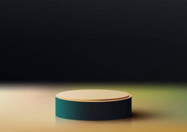 Koyu arkaplan modern tarzda 3D boş siyah ve bej podyum. Güzellik kozmetik sunumu, vitrin modeli, sergi salonu, ürün standı tanıtımı vs. için kullanabilirsiniz. Vektör illüstrasyonu