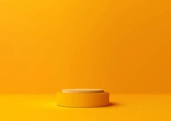3Dリアルなモックアップディスプレイは 最小限の壁面黄色の背景に空の黄色の表彰台プラットフォームを表示します 美容化粧品プレゼンテーション ショーケース ショールーム プロダクトスタンドプロモーションなどに使用できます ベクトルイラスト — ストックベクタ