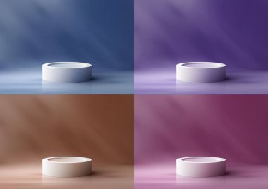 3D gerçekçi modelleme, arka planda ve doğal ışıkta boş beyaz podyum ekranını gösteriyor. Güzellik kozmetik sunumu, vitrin, sergi salonu, ürün standı promosyonu vesaire için kullanabilirsiniz. Vektör illüstrasyonu