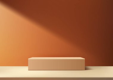 Kahverengi bir arka planda, bej renkli bir podyum platformunun doğal gölgeli bir şekilde canlandırılması ürünlerinizi en az ve zarif bir şekilde sergilemek için mükemmeldir. Vektör illüstrasyonu
