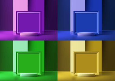 3D gerçekçi modern lüks tarzı canlı arkaplan ve doğal ışıklandırma üzerine canlı kare geometrik çerçeve ile boş beyaz podyum platformu. Güzellik kozmetik sunumu, vitrin modeli, sergi salonu, ürün standı tanıtımı vs. için kullanabilirsiniz.