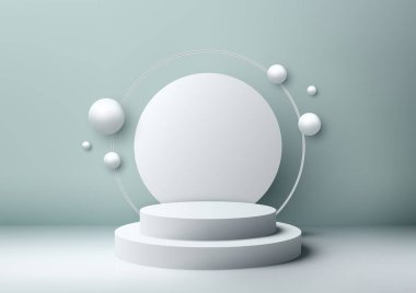 Beyaz daire arka planı ve küre elemanları olan bu beyaz podyum modeli ürünlerinizi modern ve şık bir şekilde sergilemek için mükemmel. Vektör illüstrasyonu