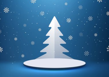 Mavi kar tanecikli arka planda beyaz podyum Noel ağacı kağıt tebrik kartı. Ürünleri sergilemek ve maketler yaratmak için mükemmel. Vektör illüstrasyonu