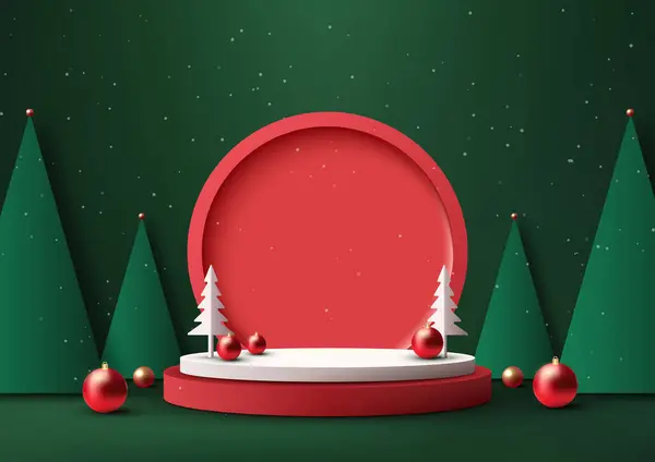 Noel şenlikli 3D gerçekçi beyaz ve kırmızı podyum dekorasyonu. Çember çam ağacı ve yeşil duvar zemininde kırmızı toplar. Noel tatili konsepti ürün sergisi, maketi, sergi salonu, vitrin. Vektör illüstrasyonu