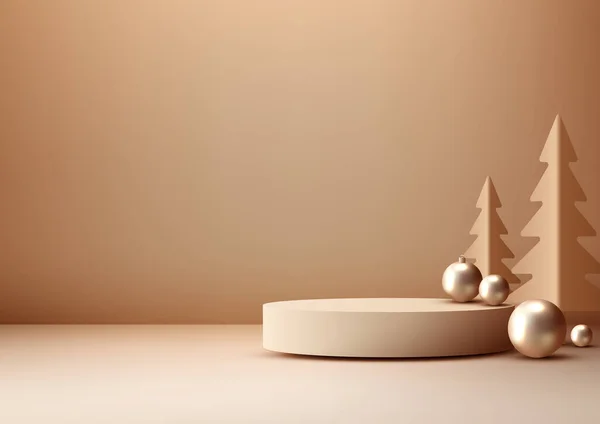 Realistické Béžové Vánoční Pódium Hnědém Pozadí Borovicemi Zlatými Kuličkami Luxusní Vektorová Grafika