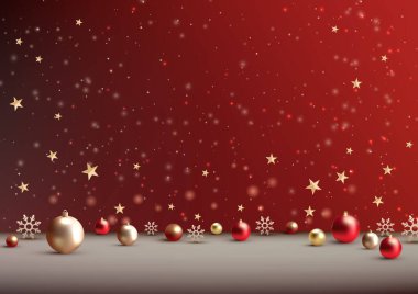 Noel şenliği arka planında 3 boyutlu altın ve kırmızı toplar var. Ürün gösterileri, tatil kartları ve sosyal medya paylaşımları için mükemmel. Vektör illüstrasyonu