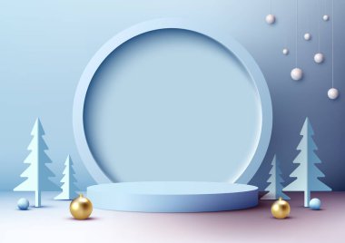Ürünlerinizi bu yumuşak mavi Noel podyumu modeliyle gösterin. Noel temalı pazarlama kampanyaları, ürün tanıtımları ve daha fazlası için mükemmel. Vektör illüstrasyonu