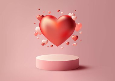3D Sevgililer Günü podyum modeli. Yüzen kırmızı kalpler, parlak bir podyum ve yumuşak pembe bir zemin, ürünlerinizi sergilemek ya da romantik bir şekilde damgalamak için mükemmel. Vektör illüstrasyonu