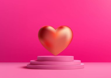 3D pembe podyum modeliyle Sevgililer Günü gösterisi. Red Heart 'ın parlak arka planı, vitrin ürünleri, markalar ya da romantik mesajlar için mükemmel. Vektör illüstrasyonu