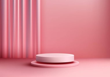 Sevgililer Günü ürün sunumları bu 3D podyum modeliyle. Yumuşak pembe perde arkası, güzellik ve zarafetle aşka zemin hazırlar. Vektör illüstrasyonu