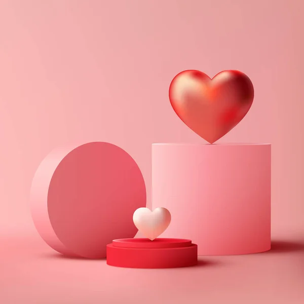 3Dバレンタインデーの表彰台モックアップ ピンクと赤のハート モダンな幾何学は 化粧品 宝石などを展示するのに最適です ベクトルイラスト ストックイラスト