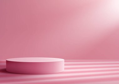 Sevgililer Günü 'nde yumuşak pembe arka planda gerçekçi 3 boyutlu pembe podyum modelleri sergileniyor. Kozmetik ürünler, mücevherler ya da sevgi dolu ürünler için mükemmel. Vektör illüstrasyonu
