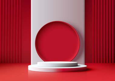 Sevgililer Günü ya da Çin Yeni Yılı 3D podyum modeli sergiler. Canlı kırmızı sahne arka planında parlak beyaz bir podyum, ürünler, sunumlar veya ödül törenlerinde sergilenecek. Vektör illüstrasyonu