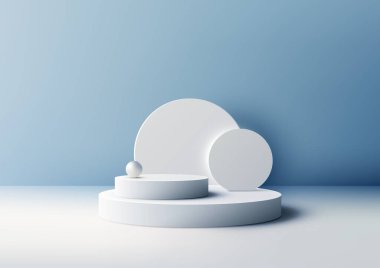 Üç boyutlu beyaz podyum modeli. Mavi arkaplanda beyaz daireler ve geometrik elementler tasarımı, bu model ürünlerin sergilenmesi için mükemmeldir. Vektör illüstrasyonu