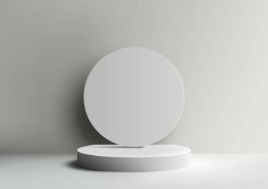 Üç boyutlu beyaz podyum modeli. Beyaz bir zemin ve geometrik daire tasarımı, bu model ürünlerin sergilenmesi için mükemmel. Vektör illüstrasyonu