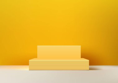 Gösteri 3D sahne tasarımı. Beyaz arka planda parlak sarı bir podyum. Vektör illüstrasyonu