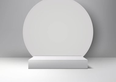 Üç boyutlu beyaz podyum modeli. Beyaz bir zemin ve geometrik daire tasarımı, bu model ürünlerin sergilenmesi için mükemmel. Vektör illüstrasyonu
